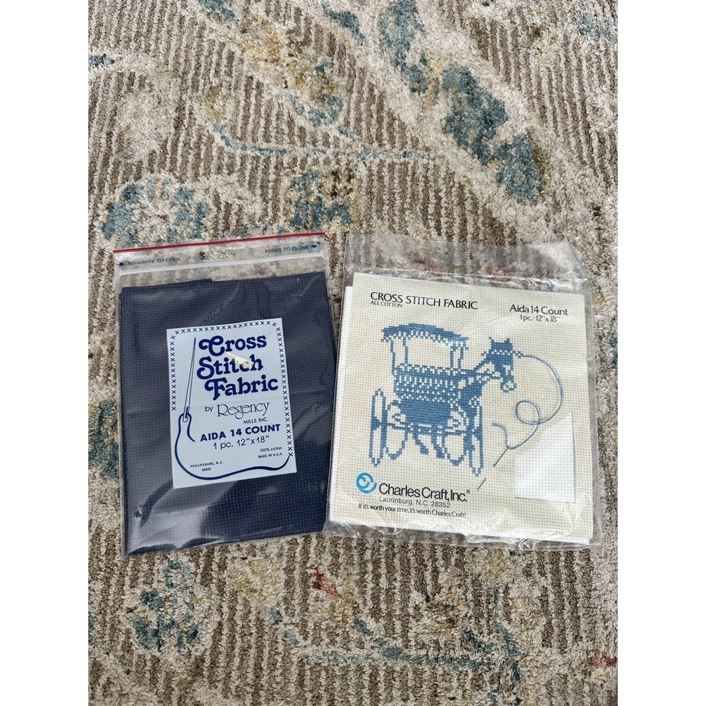 2 NIP Cross Stitch Fabric Aida 14 Count Navy 12x18 Regency Cotton & White 12x18